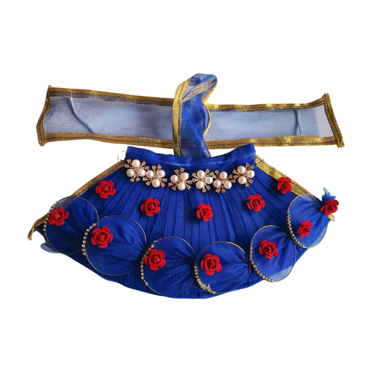 Decorative blue headband with red flowers and pearl embellishments on a white background