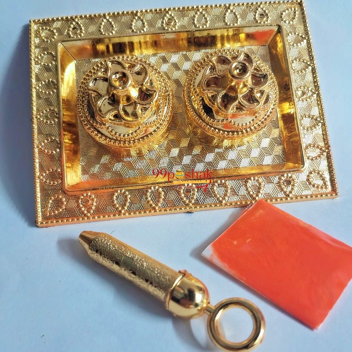 Rectangle Golden Holi Plate with Pichkari and Gulal