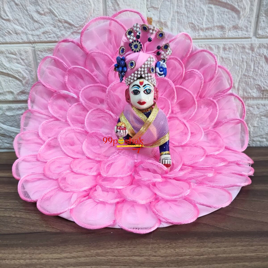 Laddu Gopal Pink Flower Design Net Base Dress with Pagri