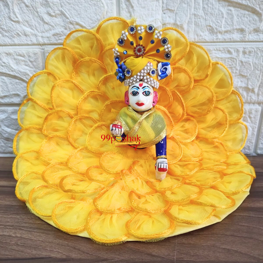 Laddu Gopal Yellow Flower Design Net Base Dress with Pagri