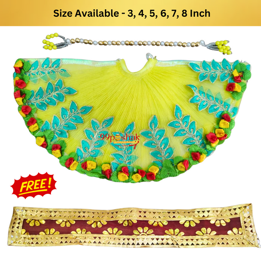 Mata Rani Dress Yellow Heavy Net Base Flower Leaf with Pearl Patka Free Chunri