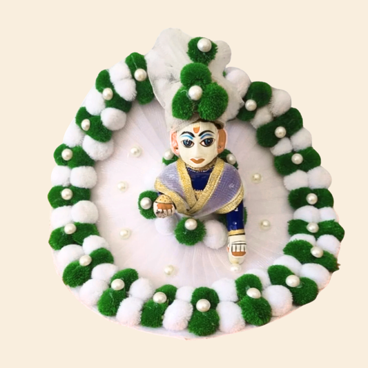 Premium Laddu Gopal Heavy Poshak | Handmade Krishna Ji Designer Dress White Green Pompom