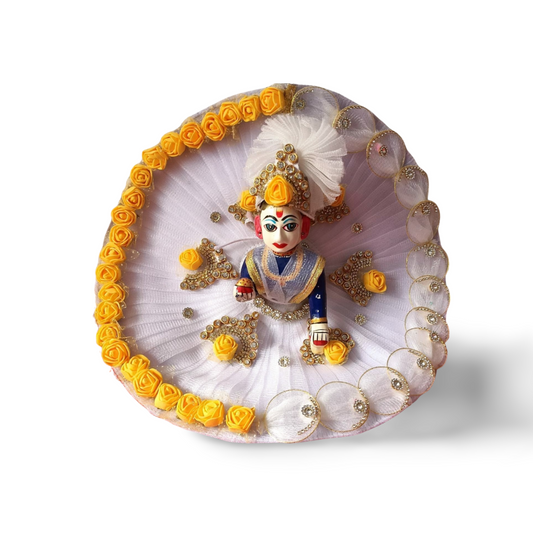 White and Yellow Heavy Dress with Pagdi for Laddu Gopal ji