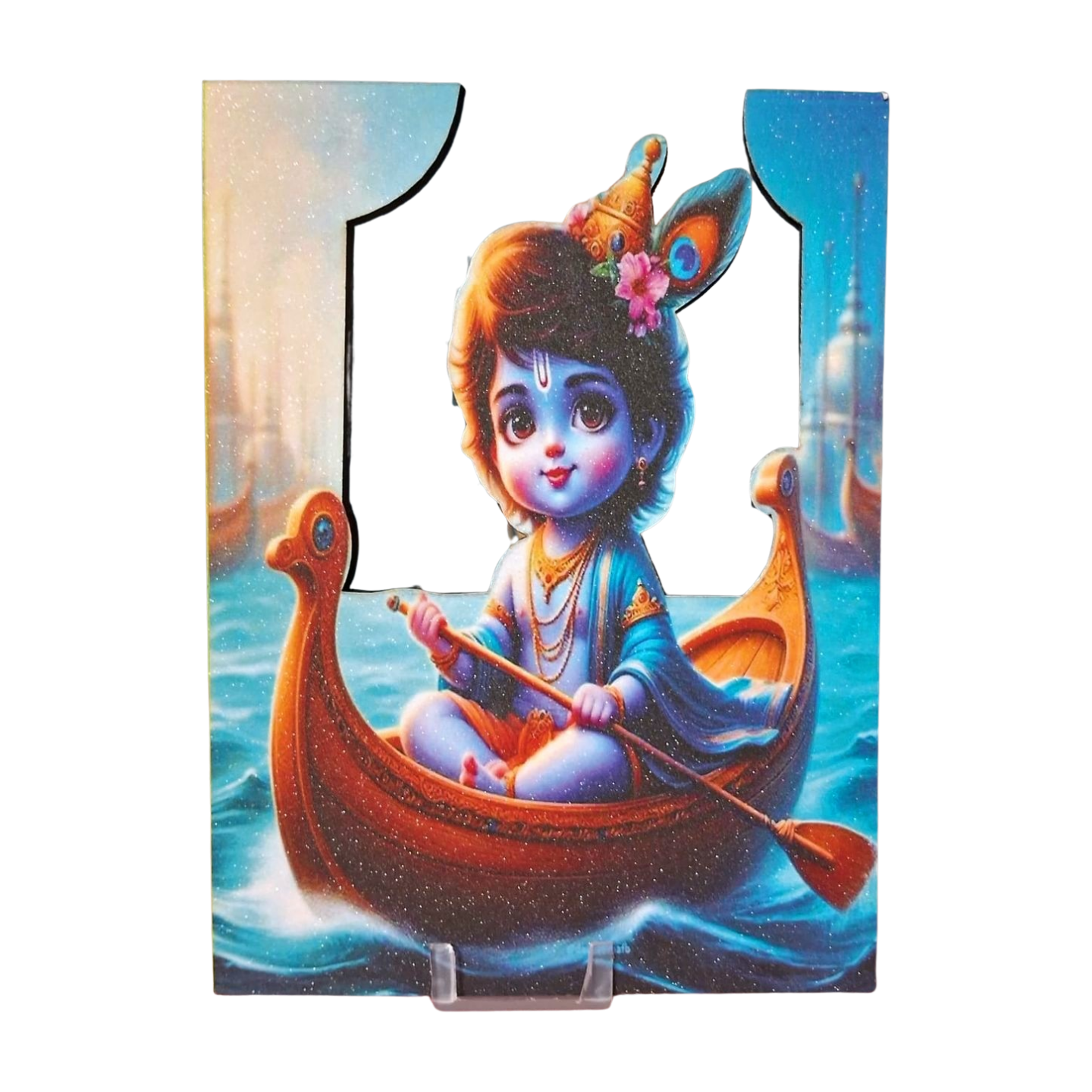 Laddu Gopal Ji Janmashtami Wooden Decoration Cutouts Kanha in Naav (6Inch)
