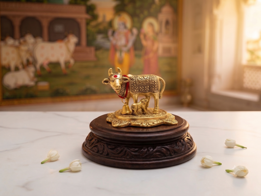 Small Cow for Temple Decoration in Diwali Gold Color Mixed Metal Material